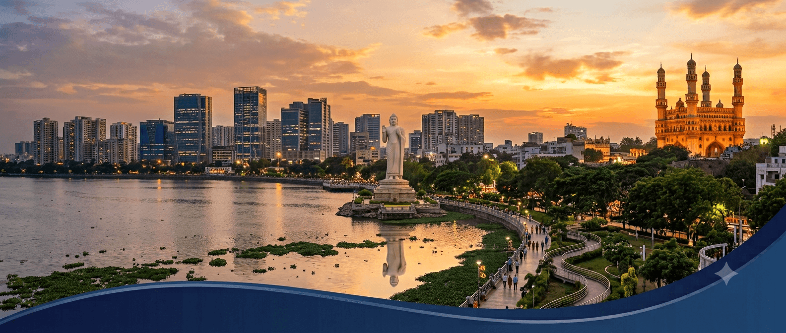 Hyderabad skyline near Hussain Sagar — quieter lakeside nights